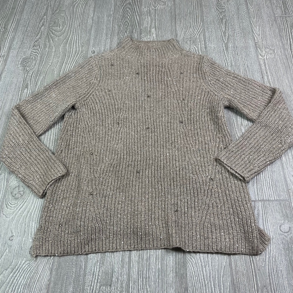CHICO’S Tunic Sweater Women's size 1 S Tan Rhinestones Split Hem Long Sleeve